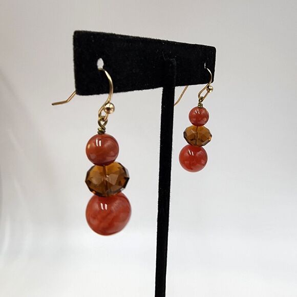 Genuine Red Carnelian Dangle 14K Gold Filled Brown Faceted Glass Hook Earrings - Picture 2 of 6